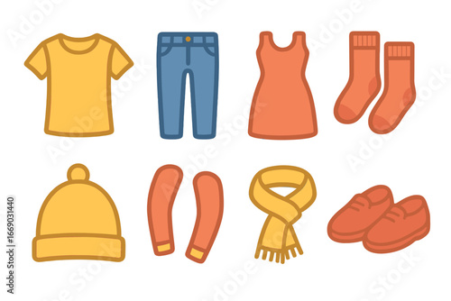 Tight Clothes Icons. Flat vector mini-illustrations tight clothing in colors children's illustrations: tight shirt, tight pants,