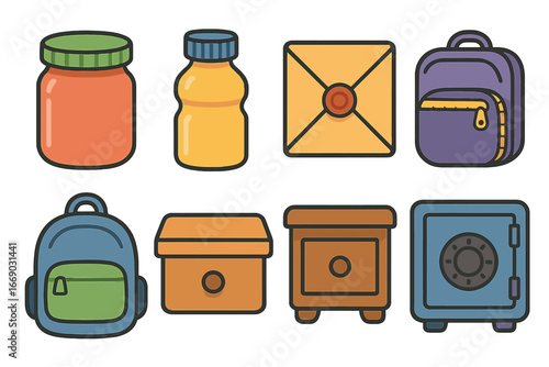 Tightly Sealed Containers. Flat vector mini-illustrations tight containers in colors children's illustrations: tight jar lid,