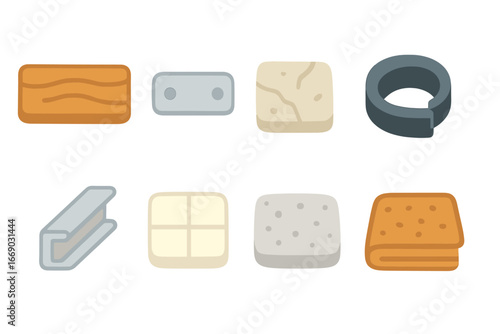 Threshold Materials Icons. Flat vector mini-illustrations threshold materials in colors children's illustrations: wood plank,