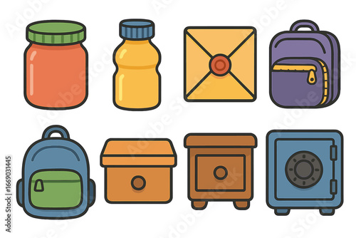 Tightly Sealed Containers. Flat vector mini-illustrations tight containers in colors children's illustrations: tight jar lid,