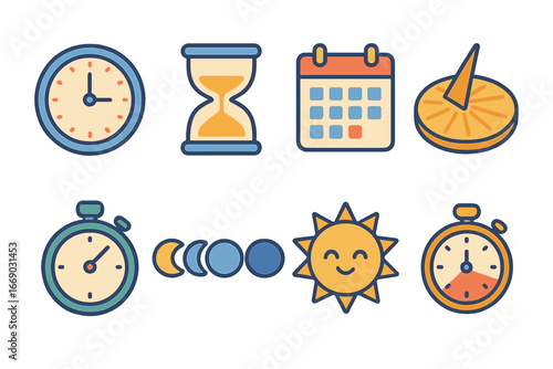 Time Icons for Kids. Flat vector mini-illustrations fate and time in colors children's illustrations: clock, hourglass, calendar,