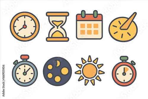 Time Icons for Kids. Flat vector mini-illustrations fate and time in colors children's illustrations: clock, hourglass, calendar,