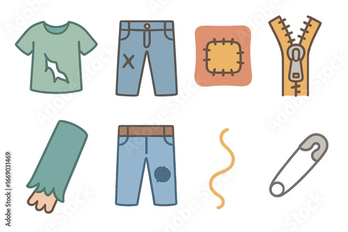 Torn Clothes Icons. Flat vector mini-illustrations torn clothes in colors children's illustrations: ripped shirt, torn pants,