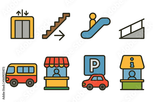 Transport Access Icons. Flat vector mini-illustrations observation deck transport access in colors children's illustrations: