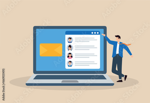 Flat illustration of businessman managing email campaign with laptop, envelope icon, and mailing list for digital marketing	
