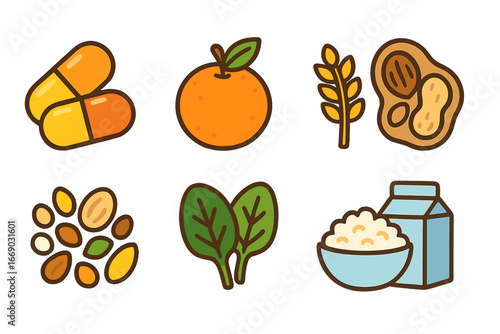 Vitamin Icons for Kids. Flat vector mini-illustrations water-soluble vitamins in colors children's illustrations: vitamin B
