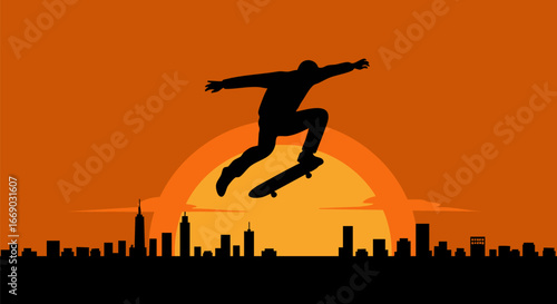Skateboarder at Sunset (Jump)