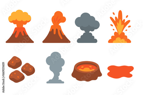 Volcanic Eruption Icons. Flat vector mini-illustrations volcanic explosion in colors children's illustrations: erupting volcano,