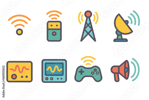 Wave Technology Icons. Flat vector mini-illustrations wave technology in colors children's illustrations: wireless signal, wave