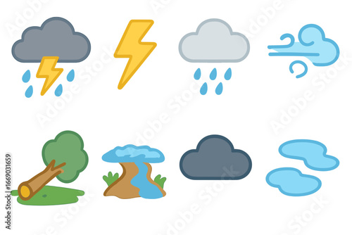 Weather and Luck Icons. Flat vector mini-illustrations bad luck and weather in colors children's illustrations: thunderstorm,