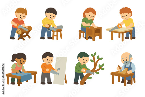 Work Scenarios Icons. Flat vector mini-illustrations saw work scenarios in colors children's illustrations: sawing timber, sawing