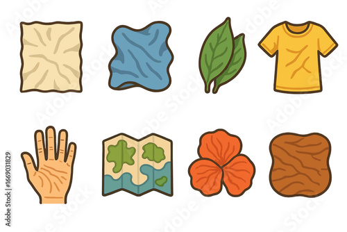 Wrinkle Icons Grid. Flat vector mini-illustrations wrinkles in colors children's illustrations: wrinkled paper, crumpled fabric,
