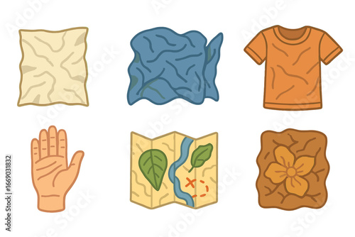 Wrinkle Icons Grid. Flat vector mini-illustrations wrinkles in colors children's illustrations: wrinkled paper, crumpled fabric,