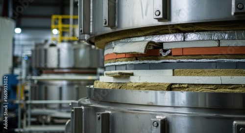 Detailed view of vitrification melter heat shields and thermal insulation layers during radioactive waste processing bay servicing.