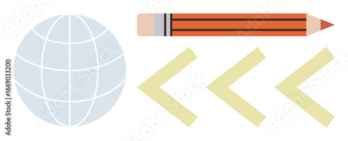 Globe for worldwide connection, pencil for creativity, and chevron arrows for direction. Ideal for innovation, collaboration, global ideas, progress, writing, education simple flat metaphor