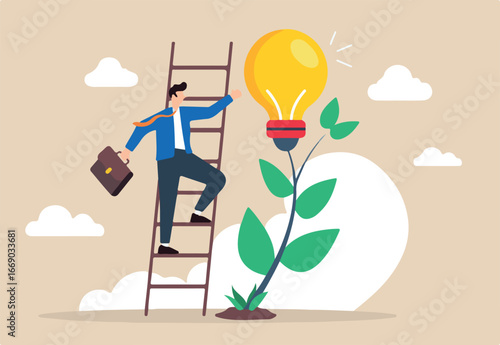  Flat illustration of businessman climbs ladder to reach lightbulb and growing plant symbolizing creativity and personal development	
