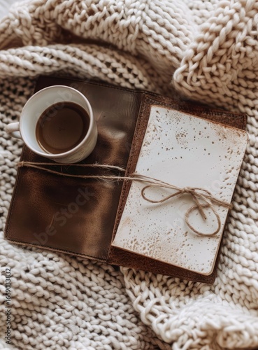 Cozy autumn scene featuring a cup of coffee and a leather-bound journal resting on a chunky knit blanket.  The warm tones and textures evoke a sense of comfort and relaxation