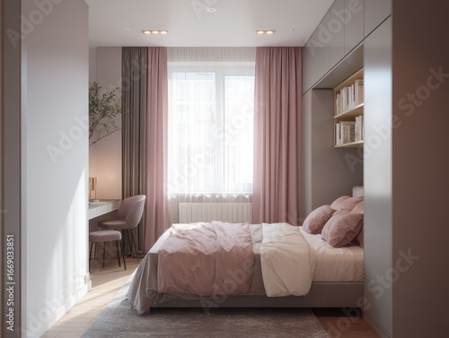 A stylish, modern bedroom d...