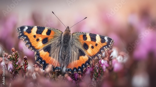 Butterfly with orange, black, blue details resting on heather flowers, blurred background