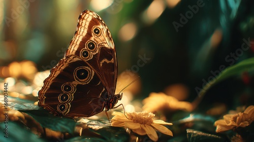 A large, patterned butterfly rests on a yellow flower amongst lush green foliage