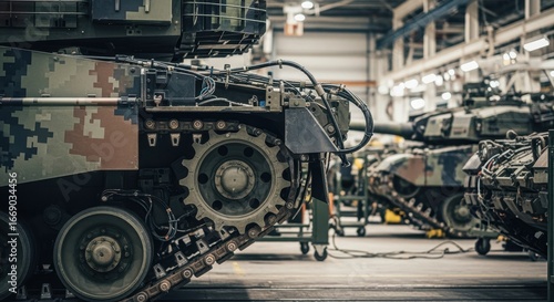 Side profile of a camouflaged tank chassis with assembly track partially mounted highlighting engineering design and military manufacturing.
