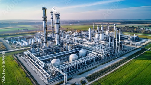 An aerial view showcases a sprawling industrial complex, featuring numerous towers, tanks, and pipelines, all set against a backdrop of verdant fields under a clear sky