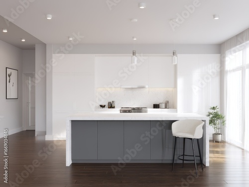A modern kitchen boasts whi...