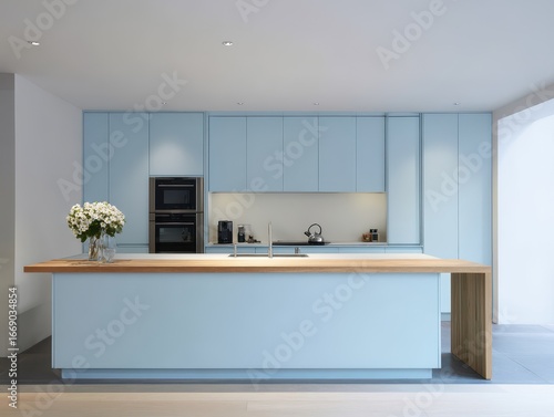 A light blue modern kitchen...
