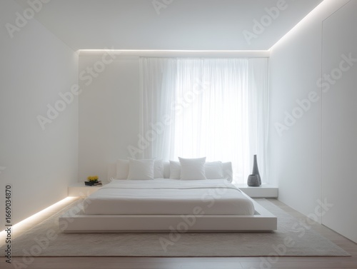 A minimalist bedroom, bathe...