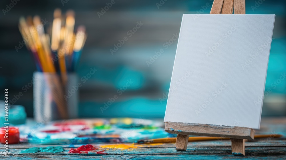 Fototapeta premium Creative workspace with easel, paints, and brushes for artistic expression