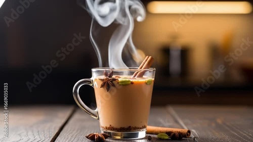 A steaming chai latte sits on a wooden table garnished with cinnamon star anise  cardamom