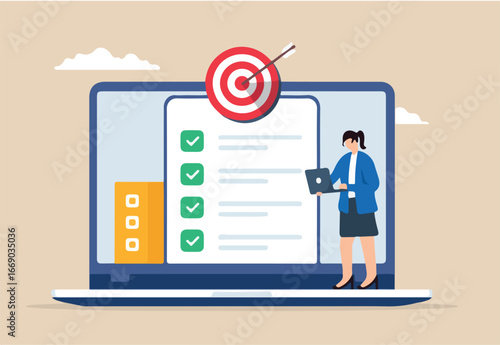 Flat illustration of businesswoman use laptop computer update checklist target for marketing campaign with bullseye