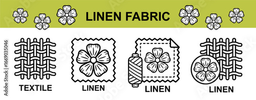 Linen flax fabric textile sewing clothing material line icon. Cotton cloth fiber. Thread yarn spool. Soft eco natural flower plant clothes tissue. Woven texture. Tailoring garment fashion label vector