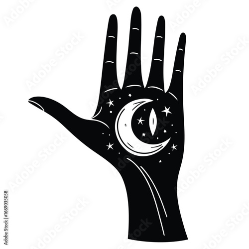 Moon resting in open palm silhouette