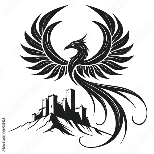 Phoenix wings covering crystal ruins silhouette
