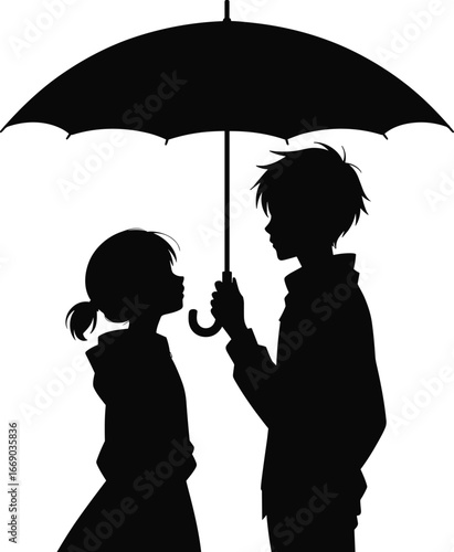 Young couple sharing an umbrella silhouette