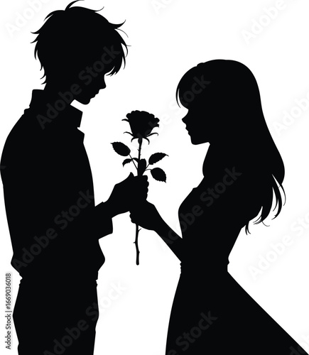 Couple exchanging a rose silhouette