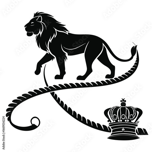 Lion walking across spiral throne silhouette