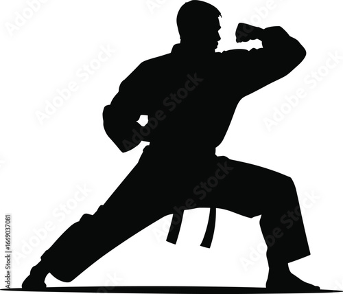 Karate fighter in fighting stance silhouette