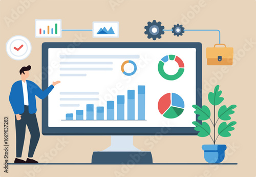 Flat illustration of analyst reviewing performance metrics on real-time project dashboard for efficiency	
