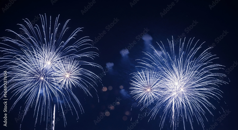 Fototapeta premium White fireworks bursts against a dark blue night sky, creating a vibrant and festive scene, symbolizing celebration and joy