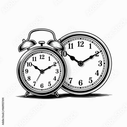 Vector art of two clocks, one is an alarm clock and the other is a standard clock