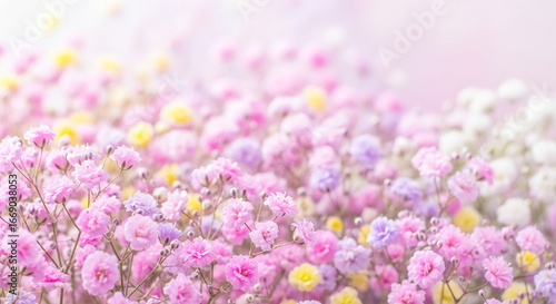 Close-up of pastel pink, purple, and yellow flowers, creating a soft and delicate floral background, ideal for spring or romantic themes, showcasing nature's beauty