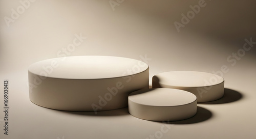 Three beige cylindrical podiums on a beige background, creating a minimalist product display scene, ideal for showcasing items or branding, offering blank space for text or logo