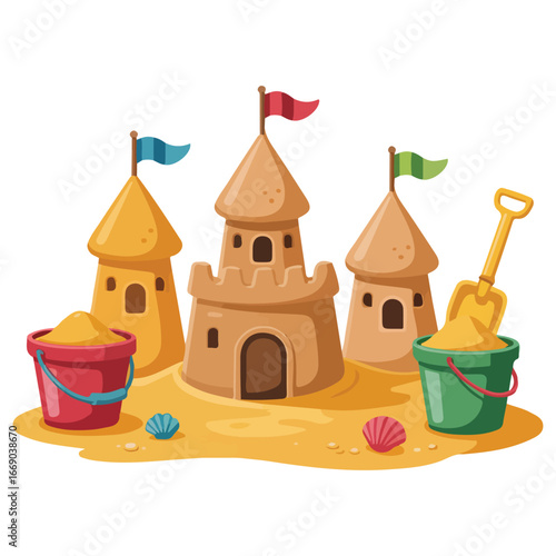 Set sand castles cartoon style fun sand shovel bucket isolated vector illustration on white background