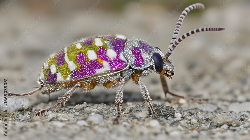 Fototapeta premium Vibrant Purple and Green Beetle Closeup Macro Photography