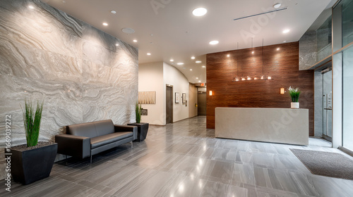 Elegant lobby featuring stone walls, tiled floors, a reception desk, and seating area.