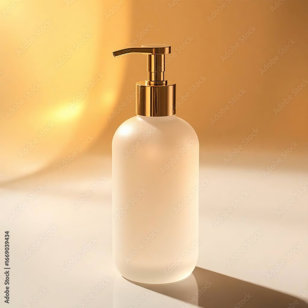Obraz premium Frosted glass soap dispenser with gold pump.