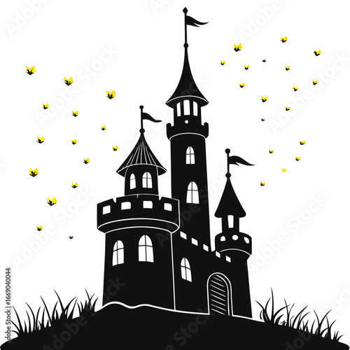 Castle towers glowing under neon fireflies silhouette