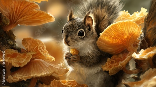 Furry squirrel holding a nut, surrounded by bright, orange shelf mushrooms in nature